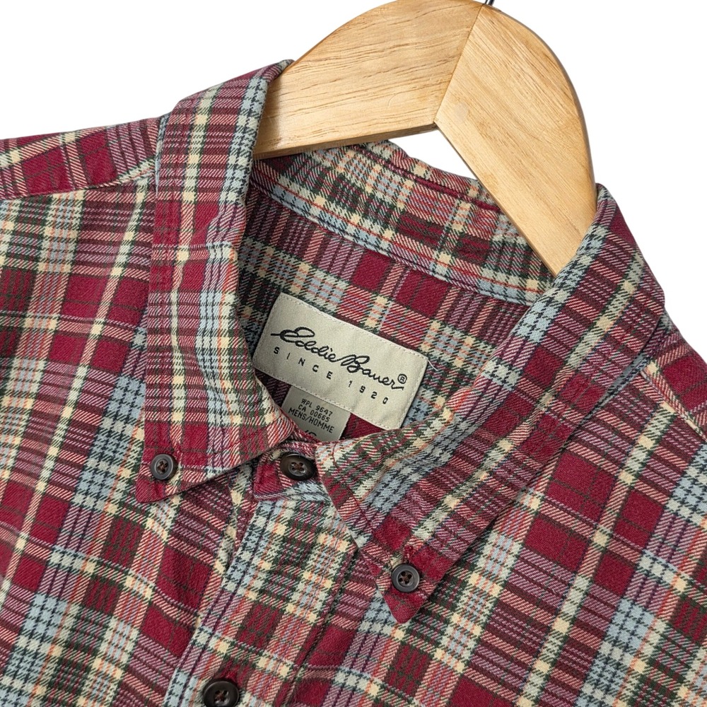 Eddie Bauer Mens Long Sleeve Button Down Flannel Shirt L Red Plaid 100%‎ Cotton
